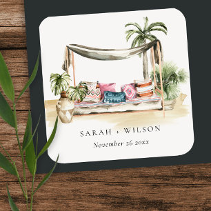 Adesivo Quadrado Casamento Tropical Palm Beach Watercolor Cabana