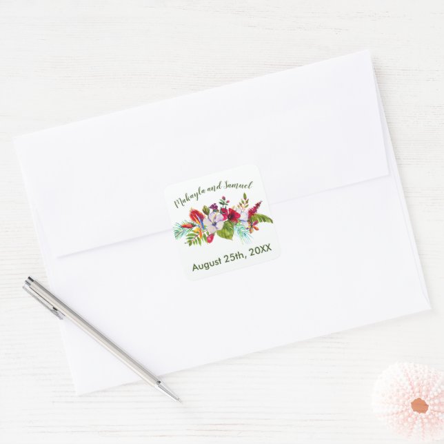 Adesivo Quadrado Casamento Verde de Hibiscus Ilha Floral Tropical (Envelope)