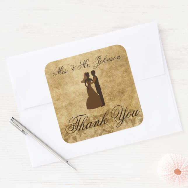 Adesivo Quadrado Casamento vintage Bride Groom Obrigado (Envelope)