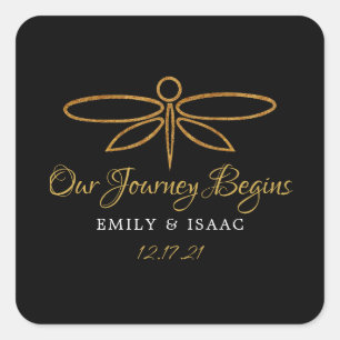 Adesivo Quadrado Casamento Vintage Gold Foil Dragonfly