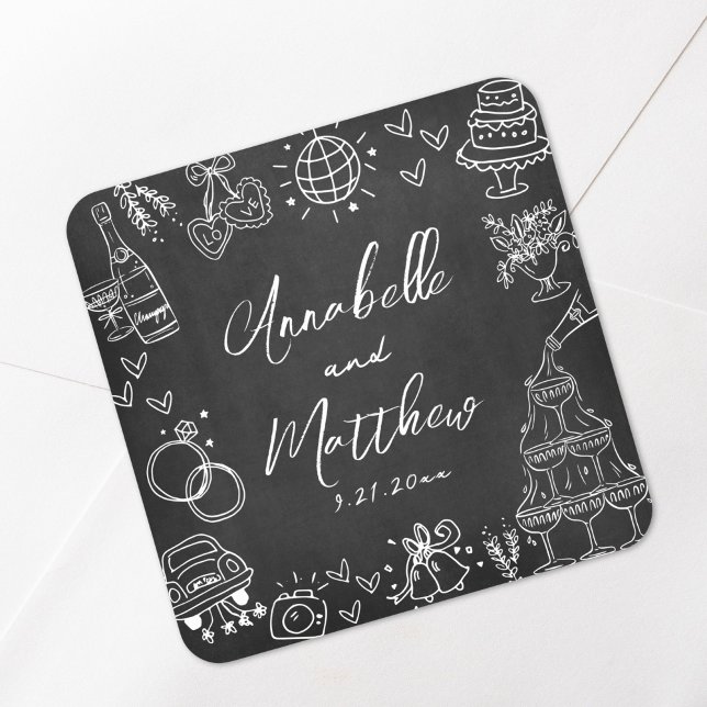 Adesivo Quadrado Casamento Whimsical Chalkboard Desenhado Mão (Hand Drawn Chalkboard Whimsical Wedding Square Sticker)