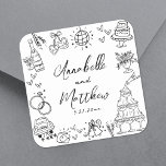 Adesivo Quadrado Casamento Whimsical Desenhado pela Mão Simples<br><div class="desc">Vinhetas De Casamento Simples, Desenhadas À Mão. Estes bengalas de casamento quadrados divertidos e divertidos apresentam ilustrações esquisitas de rabisco em torno do design, incluindo uma torre de champanhe, bolo de casamento, bola de disco, corações, sinos de casamento, anéis, câmeras e muito mais. Os nomes da noiva e do noivo...</div>