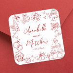 Adesivo Quadrado Casamento Whimsical Vermelho Desenhado Pela Mão Qu<br><div class="desc">Vinhetas De Casamento Vermelho Simples, Desenhadas À Mão. Estes bengalas de casamento quadrados divertidos e divertidos apresentam ilustrações esquisitas de rabiscos em torno do design, tudo em um tema vermelho vibrante. Elementos como uma torre de champanhe, bolo de casamento, bola de disco, corações, sinos de casamento, anéis, câmeras e mais...</div>