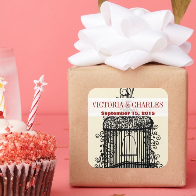 Adesivo Quadrado Casamentos vermelhos de pássaros vitorianosCage (Festa)