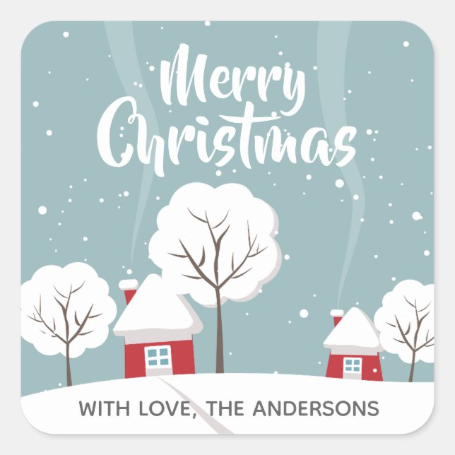 Adesivo Quadrado Casas e Árvores Bonitas de Neve (Frente)