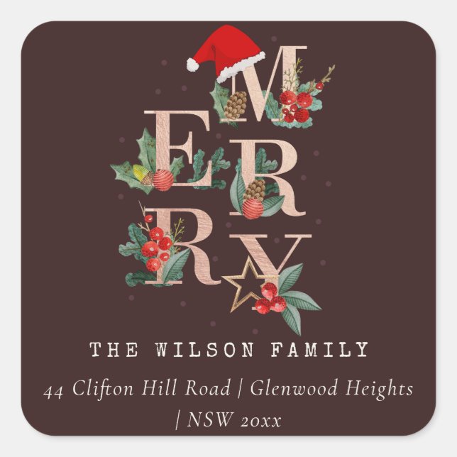 Adesivo Quadrado Castanho Rosa Dourado Foliage de Natal Merry (Frente)