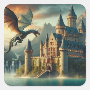 Adesivo Quadrado Castelo antigo sob ataque de um Dragão Voador
