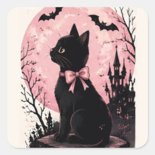 Adesivo Quadrado Castelo da Lua Cheia Rosa Gato Preto