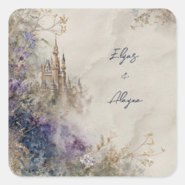 Adesivo Quadrado Castelo Roxo Elegante de Aquarela Etérea Casamento