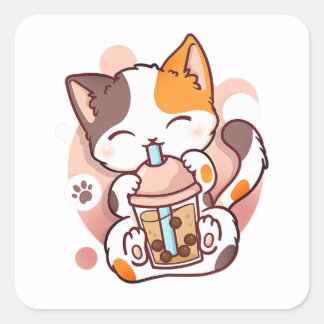 Adesivo Quadrado Cat Boba Tea Bubble Tea Anime Kawaii Neko para Gar