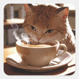 Adesivo Quadrado Cat drinking coffee from a cup