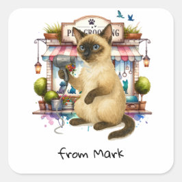 Adesivo Quadrado Cat Hairdresser Pet Grooming watercolor style