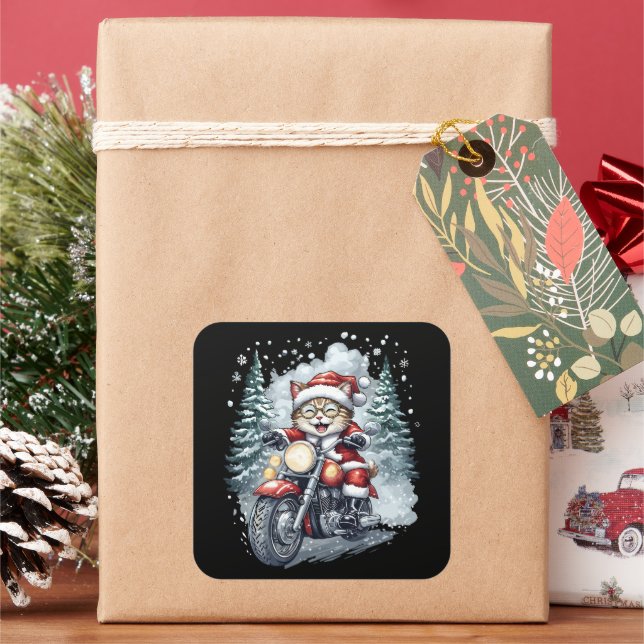 Adesivo Quadrado Cat Santa Motorcycle Black Background (Feriado)