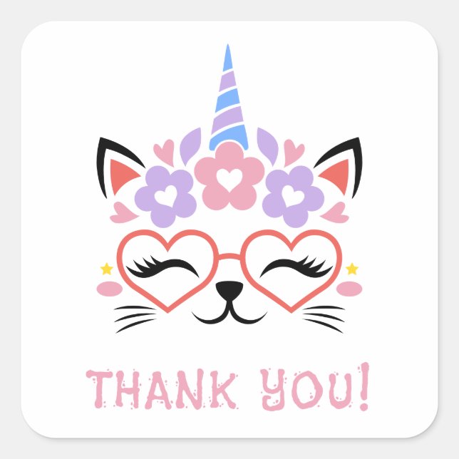 Adesivo Quadrado Cat Unicorn Obrigado Rosa Púrpura Azul Frio (Frente)