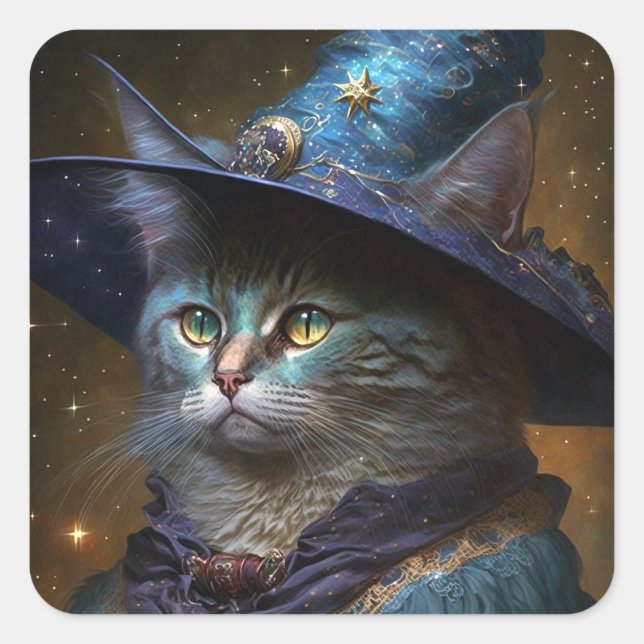 Adesivo Quadrado Cat Witch Fantasy Art (Frente)
