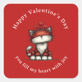 Adesivo Quadrado Cat with Red Love Hearts Cute Fun Valentine's Day