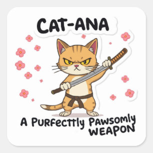 Adesivo Quadrado Catana Samurai - Adorável Guerreiro de Gato