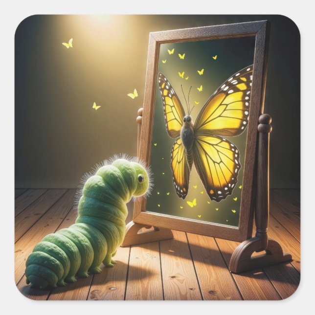 Adesivo Quadrado Caterpillar Looking At a Butterfly In a Mirror (Frente)