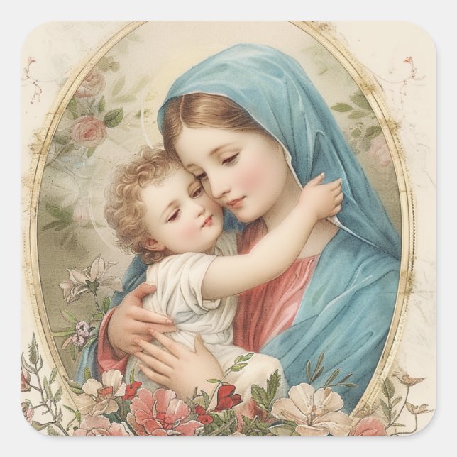 Adesivo Quadrado Catholic Virgin Mary Baby Jesus Floral  (Frente)