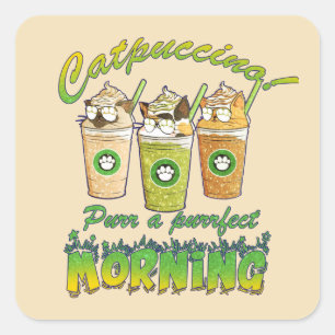 Adesivo Quadrado Catpuccino - Purr a Purfect Morning   Gato Cinto