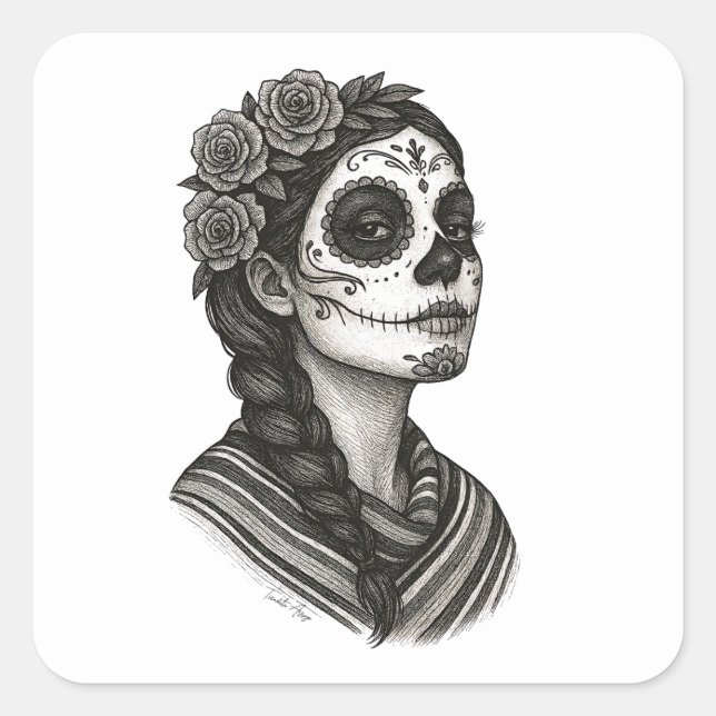 Adesivo Quadrado Catrina Mexicana Sarape Y Rosas Dia de Muertos (Frente)