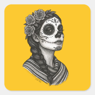 Adesivo Quadrado Catrina Mexicana Sarape Y Rosas Dia de Muertos