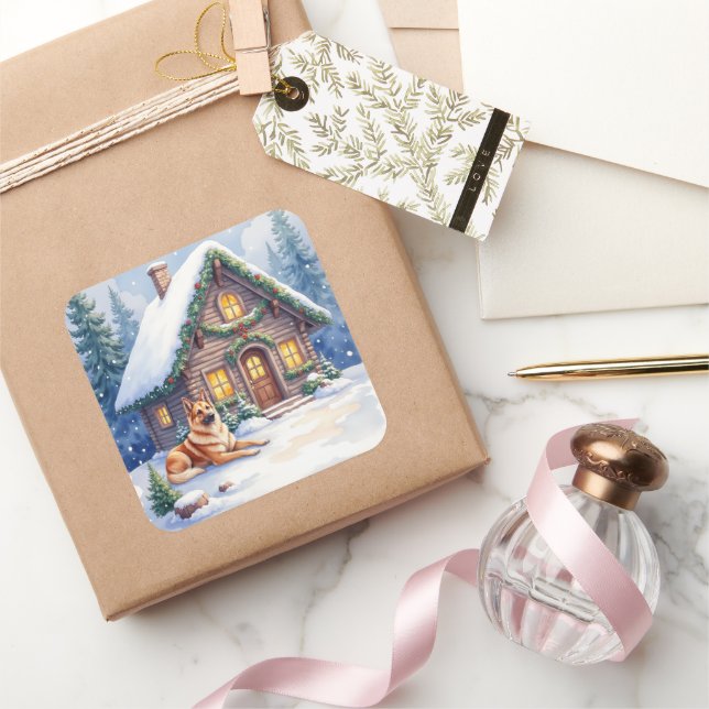 Adesivo Quadrado Caucasian Shepherd Dog Mountain Cabin Christmas (Presentear)