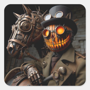 Adesivo Quadrado Cavaleiro Abóbora de Halloween Steampunk