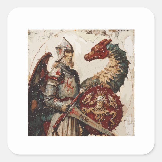 Adesivo Quadrado Cavaleiro Medieval com um Dragão (Frente)