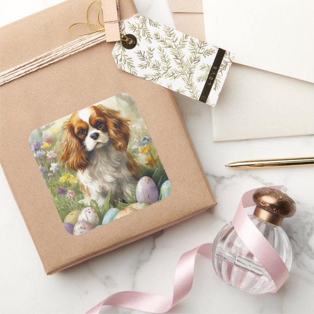 Adesivo Quadrado Cavalier King Charles Spaniel com Ovos de Páscoa (Presentear)