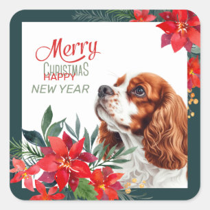 Adesivo Quadrado Cavalier King Charles Spaniel Poinsettia Vermelho 