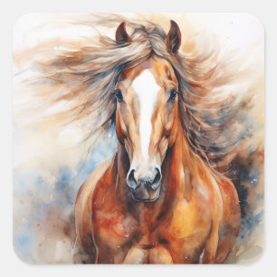 Adesivo Quadrado Cavalo Aquarela Marrom e branco