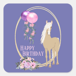 Adesivo Quadrado Cavalo bonito e flores cor-de-rosa