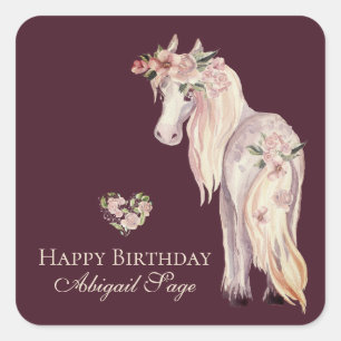 Adesivo Quadrado Cavalo bonito e Flores Vintage Pony Aniversário