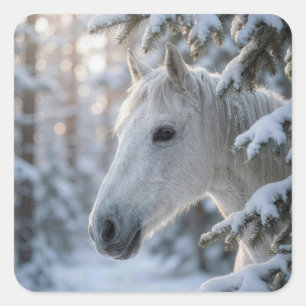 Adesivo Quadrado Cavalo Branco de Inverno em Árvore de Pinheiro Nev