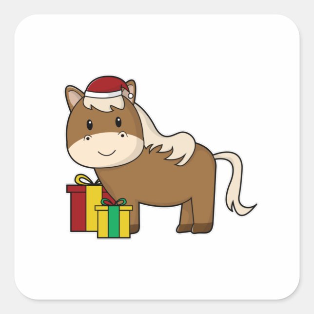 Adesivo Quadrado Cavalo com chapéu de Papai Noel e presentes (Frente)