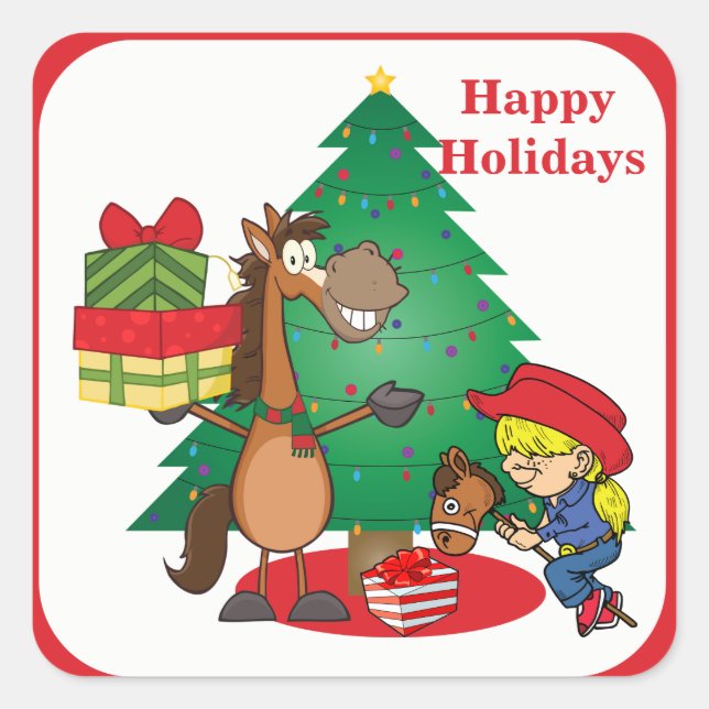 Adesivo Quadrado Cavalo com presentes e palito de vaqueira (Frente)