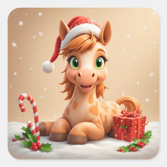 Adesivo Quadrado Cavalo de Cartoon Christms com Santa Hat (Frente)