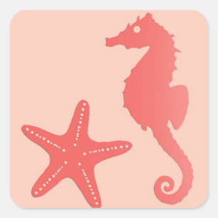Adesivo Quadrado Cavalo de mar e Starfish, Coral Orange 