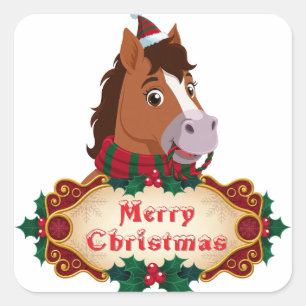 Adesivo Quadrado Cavalo de Natal Alegre com faixa