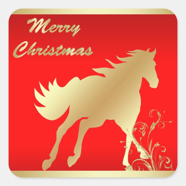 Adesivo Quadrado Cavalo Dourado no Feliz Natal Vermelho (Frente)
