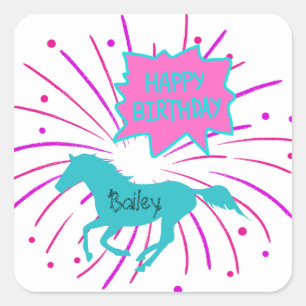 Adesivo Quadrado Cavalo Feliz Aniversário Rosa Turquesa Roxo 