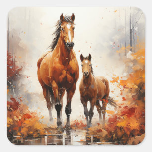 Adesivo Quadrado Cavalo-Mãe e Folha nas Folhas do Outono