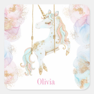 Adesivo Quadrado Cavalo Mágico Rosa & Dourado Nome Meninas