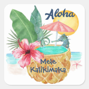 Adesivo Quadrado Cavalo-Marinho Abacaxi Mele Kalikimaka Praia Natal