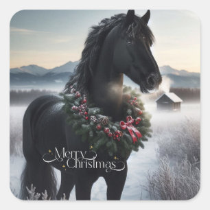 Adesivo Quadrado Cavalo negro na neve com coroa de Natal