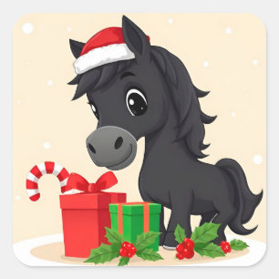 Adesivo Quadrado Cavalo Preto de Desenho Animado Festivo Com Chapéu