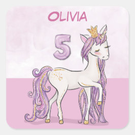 Adesivo Quadrado Cavalo Rosa De Aniversário Com 5 De Nome Personali