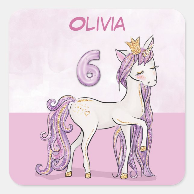 Adesivo Quadrado Cavalo Rosa De Aniversário Com 6 De Nome Personali (Frente)