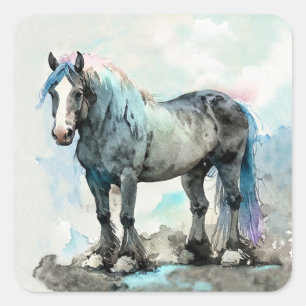 Adesivo Quadrado Cavalo Shire Gentil Aquarela Azul